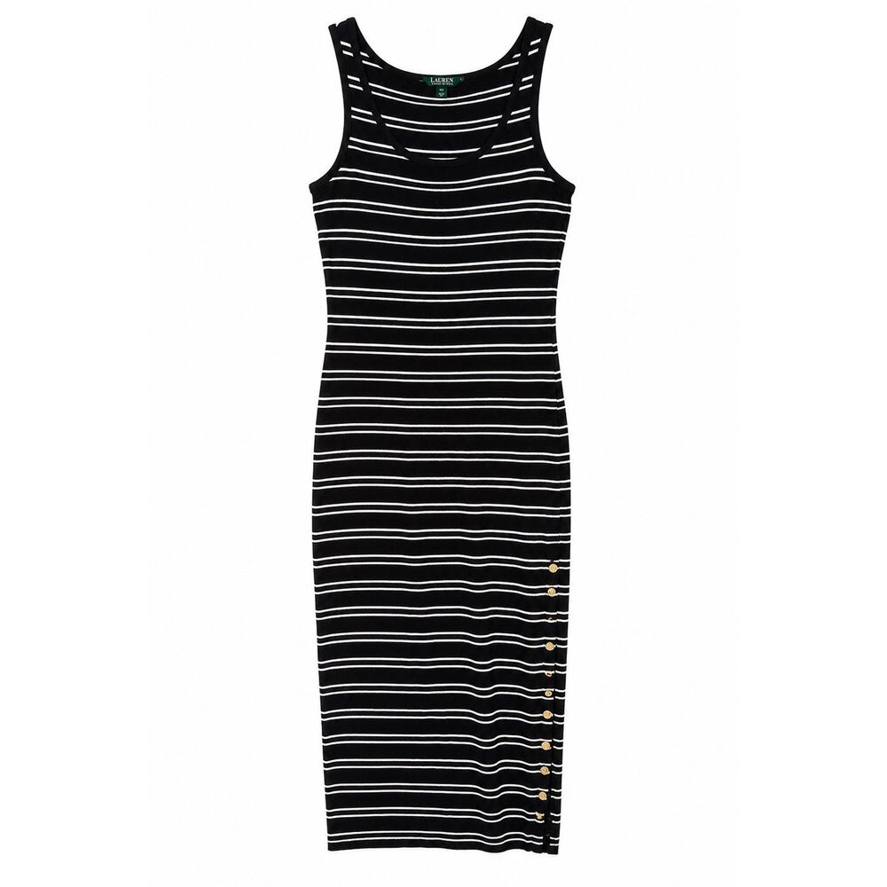 Vintage Lauren Ralph Lauren Striped Midi Dress S Black White Sleeveless Cotton